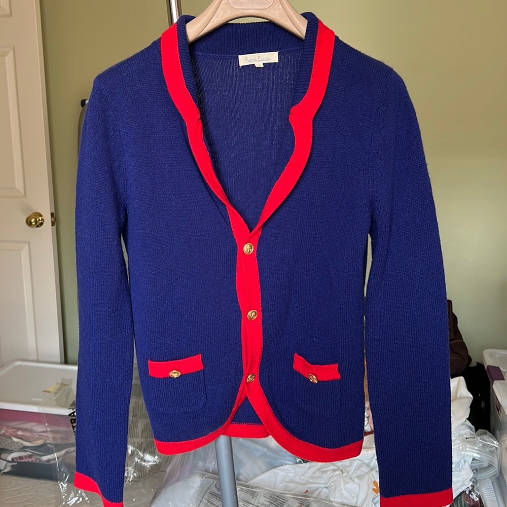 Rope picnic blue and red knit wool cardigan. Gold button.